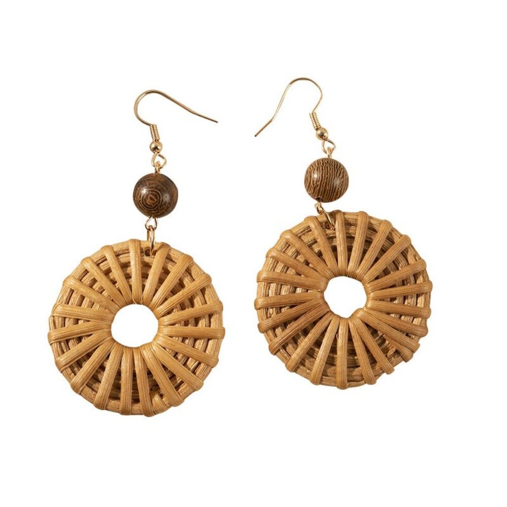 Take Me Away Boho Women’s Dangle Earrings Rattan Wood Bead Brown Fashion Jewelry